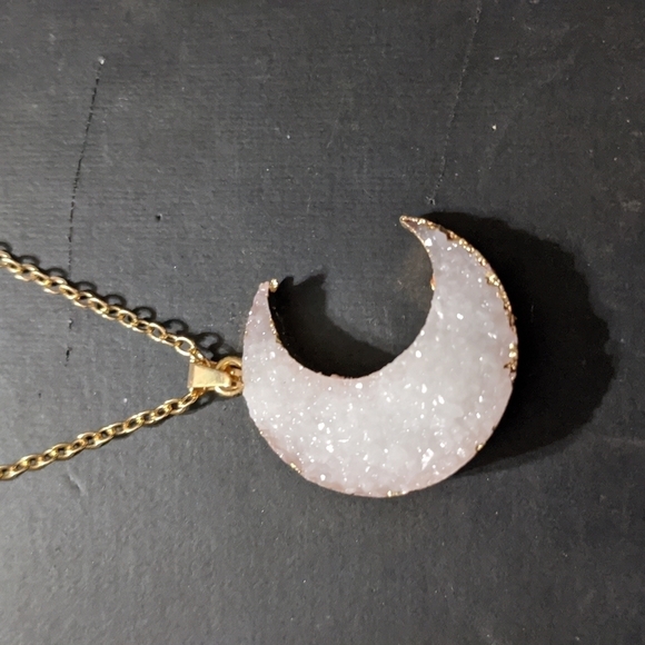 Hand Crafted Jewelry - Gold Tone White Resin Crescent Moon Pendant Statement Necklace